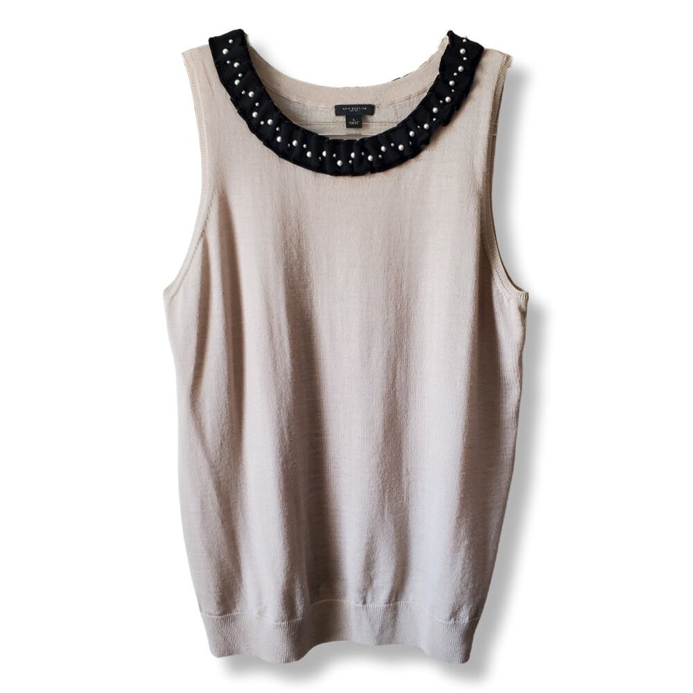 Women Ann Taylor Merino Wool Velvet Ribbon Slvless Top L Classic Office Cocktail